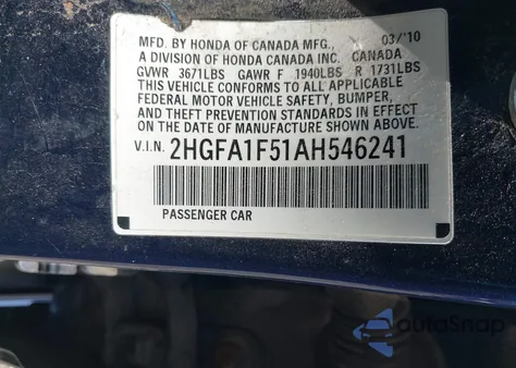 2010 Honda Civic Lx z USA, uszkodzony, nr VIN 2HGFA1F51AH546241